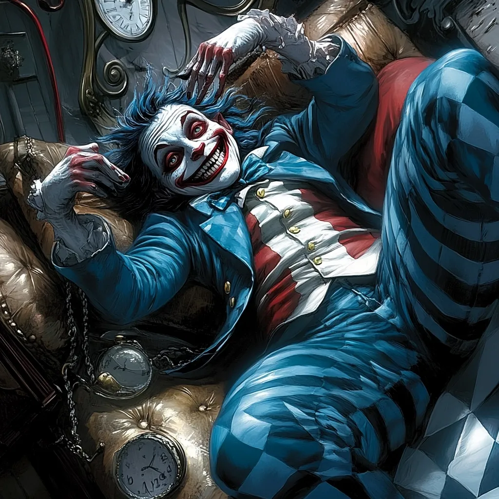 A chillingly jovial figure, reminiscent of a deranged jester, reclines on an ornate, antique chaise lounge.  He is garbed in a vibrant blue and red checkered suit, his exaggerated grin revealing sharp teeth.  His wild blue hair frames a face painted with clownish makeup.  Pocket watches and chains dangle nearby, contributing to a surreal, almost nightmarish atmosphere. The overall style is darkly whimsical, suggestive of a gothic or fantasy setting.