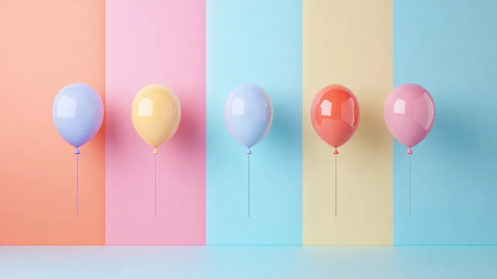 Five pastel-colored balloons float against a backdrop of vertically striped walls in coordinating shades.  The balloons, in shades of light blue, pale yellow, light blue, coral, and pink, are subtly glossy and hang from thin strings.  The overall aesthetic is minimalist and cheerful, suggesting a playful or celebratory mood. The color scheme is soft and harmonious, creating a clean and modern visual.
