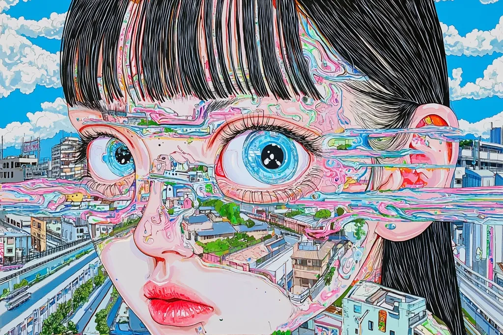 Here's a description of the image:

The artwork is a vibrant, surreal portrait of a young woman's face, seemingly melting into an intricate cityscape.  Her large, expressive eyes are a striking blue, partially obscured by swirling, pastel-colored streams that blend her features with a detailed urban landscape below. The style is highly detailed, combining meticulous linework with fluid, almost liquid-like color transitions.  The background features a bright blue sky with fluffy clouds, contrasting with the detailed cityscape that seems to flow from the woman’s face, creating a compelling blend of fantasy and reality.  The overall effect is one of dreamlike wonder and striking visual complexity.