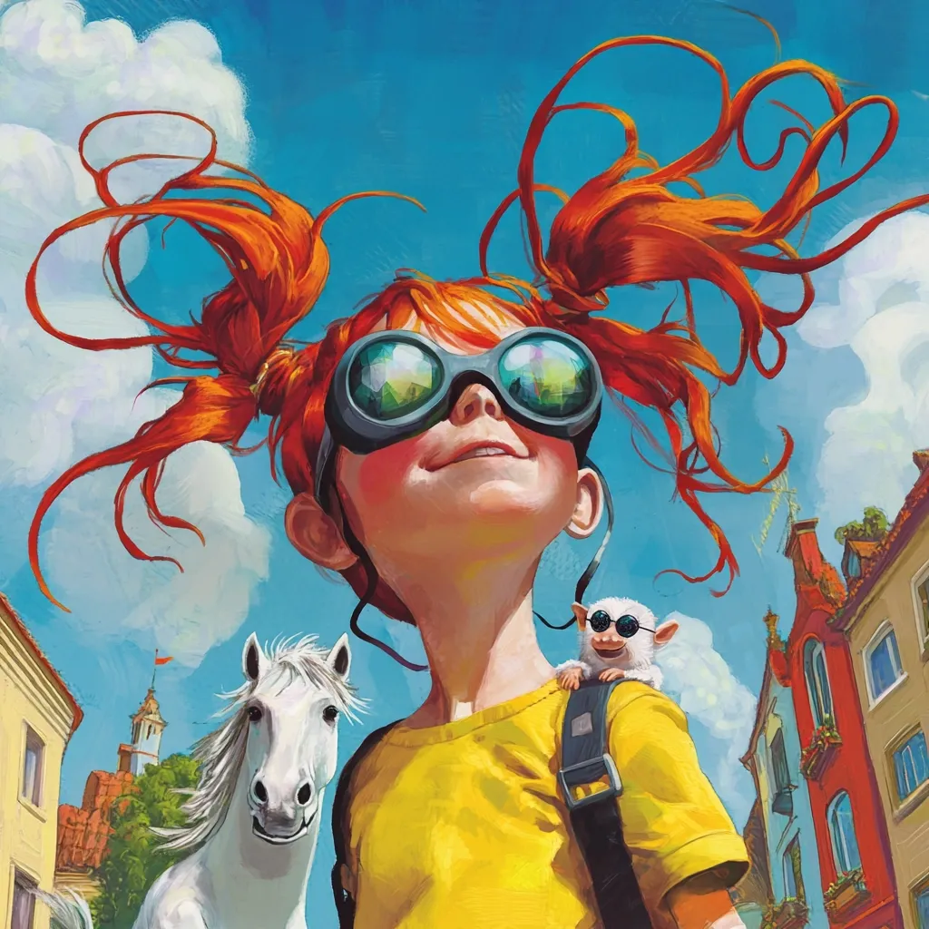 A vibrant illustration depicts a girl with fiery red pigtails, wearing goggles, and a cheerful expression.  She's accompanied by a small, white, spectacled creature perched on her shoulder and a white horse beside her.  The backdrop is a sunny cityscape with colorful buildings under a bright blue sky dotted with fluffy clouds.  The overall style is whimsical and cartoonish, suggestive of an adventurous and playful narrative.
