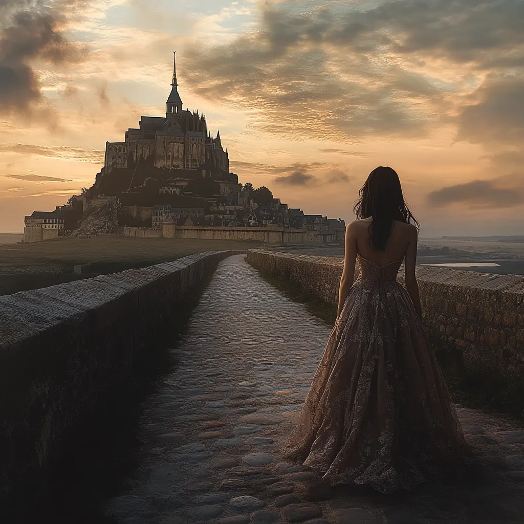 Here is a description of the image in under 100 words:

A woman in a long, elegant gown walks away from the viewer down a stone path.  The path leads towards Mont Saint-Michel, a majestic island fortress, silhouetted against a dramatic sunset sky. The scene is peaceful and evocative, with a sense of mystery and romance. The woman's back is to the camera, her dark hair flowing down her back. The overall mood is one of serene solitude and the promise of a journey.