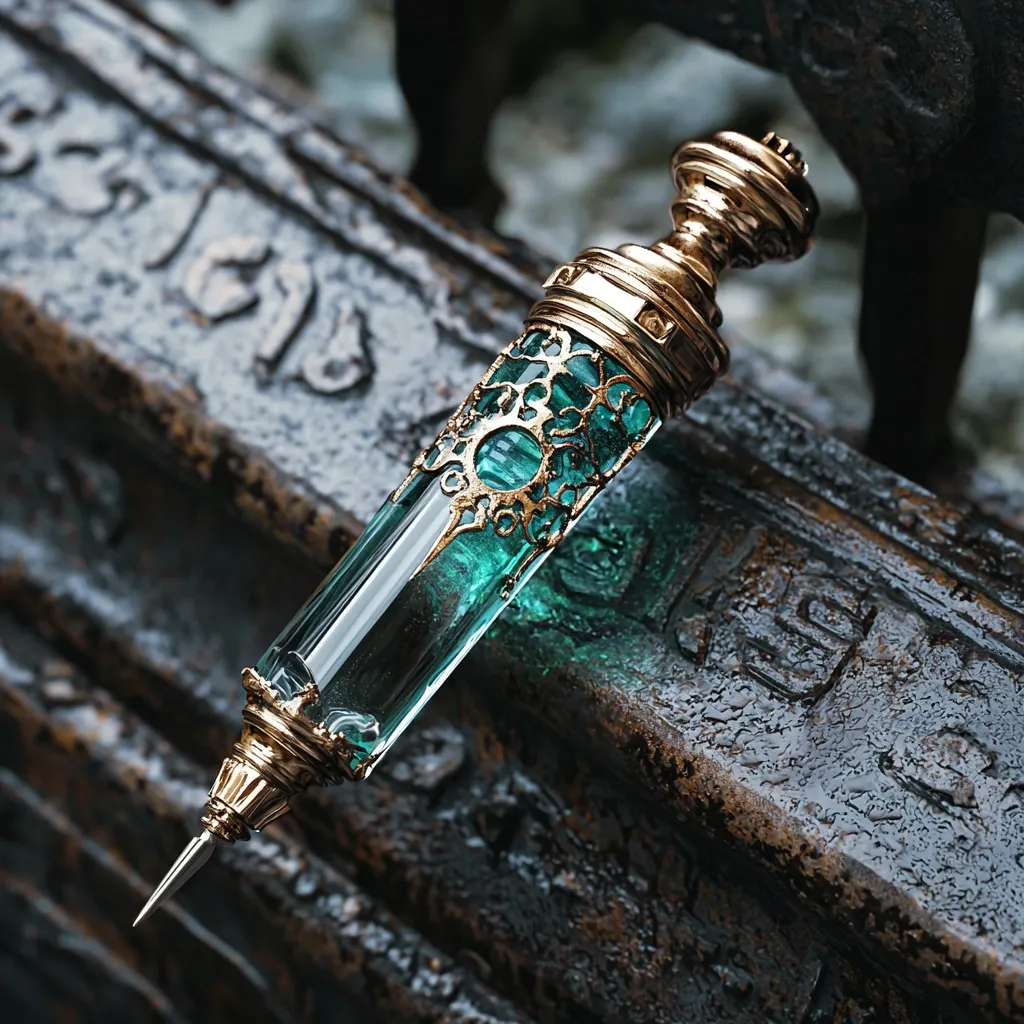 Here's a description of the image:

Close-up view of an ornate, antique-style syringe or vial.  The glass body is filled with a teal or turquoise liquid.  The syringe is capped with an elaborate gold filigree metalwork and a detailed gold top. It rests on a dark, metallic, textured surface with partially visible engraved lettering, suggesting an aged or industrial setting. The overall aesthetic is dark, mysterious, and slightly gothic. The image has a high level of detail and a dramatic lighting effect, highlighting the textures and the luminescence of the liquid.
