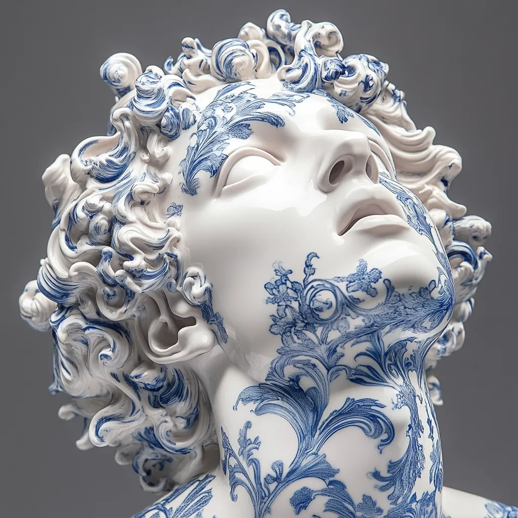 Here is a description of the image:

The image shows a close-up view of a porcelain sculpture, seemingly a bust of a young person with flowing, curly hair. The sculpture is predominantly white, adorned with an intricate blue floral pattern reminiscent of Delftware, covering the face and neck. The style is Baroque or Rococo, with highly detailed hair and facial features. The head is tilted back, eyes closed, and mouth slightly open, giving an expression of serenity or perhaps ecstasy. The porcelain's smooth texture and the contrast between the white background and the blue pattern are striking. The overall impression is one of exquisite craftsmanship and artistic fusion of classical and decorative styles.