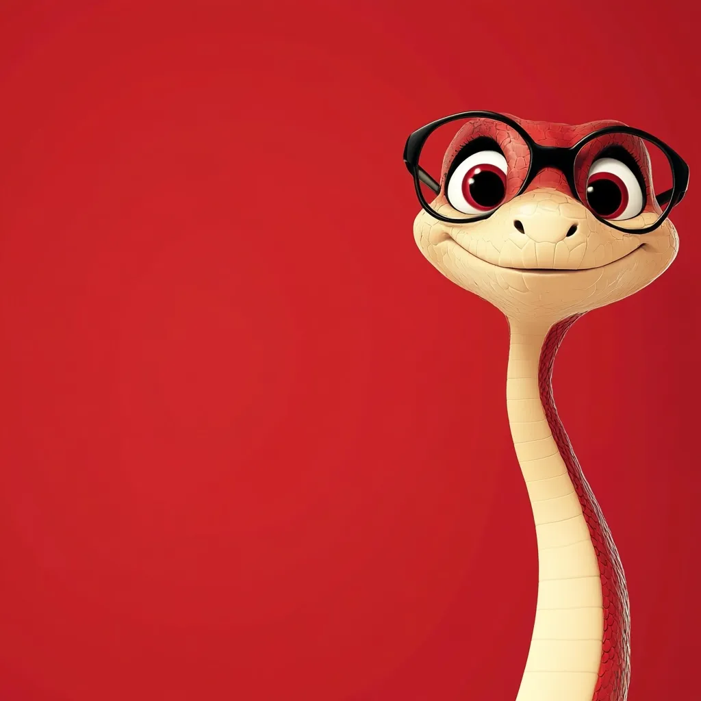 Here's a description of the image:

The image features a cartoon depiction of a red snake, rendered in a 3D style.  The snake is wearing round, black-rimmed glasses and has large, expressive eyes.  Its head and upper body are a reddish-brown, while its long neck is a creamy beige.  The snake has a friendly, almost inquisitive expression. The background is a solid, vibrant red, providing a stark contrast to the snake's colors.  The overall style is playful and charming.