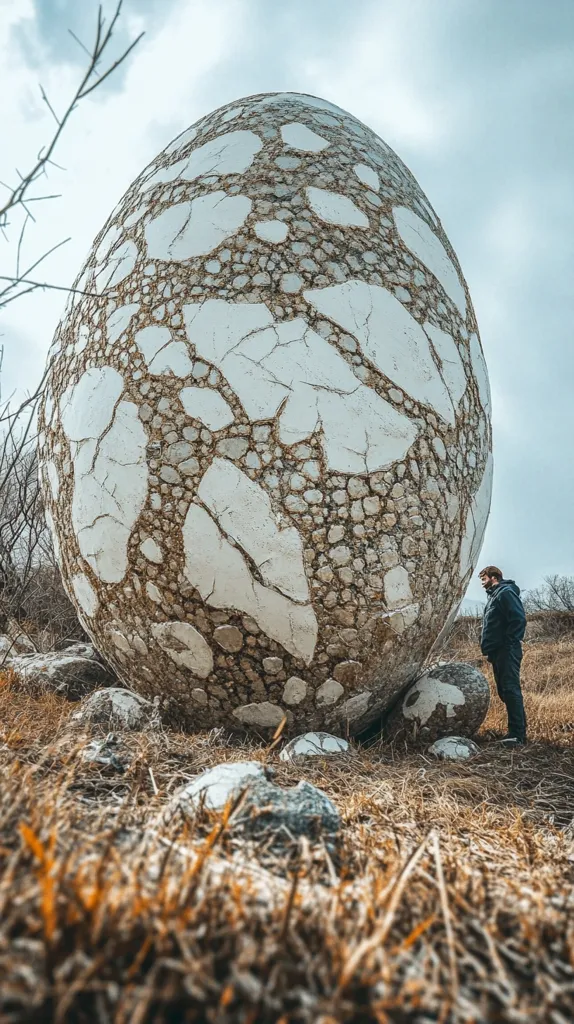 A colossal egg-shaped sculpture dominates the foreground, its surface a mosaic of white and earth-toned stones, creating a cracked, aged effect. The structure rests on the ground amidst dry, brown grass. A lone person, positioned to the right, stands in comparison, highlighting the sculpture’s immense scale.  The sky is overcast, lending a muted tone to the overall scene. The artwork appears to be outdoors, perhaps in a field or park.