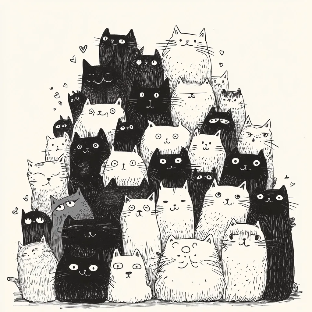 A whimsical illustration showcases a large gathering of cats, predominantly black and white, arranged in a dense cluster.  Their expressive faces, rendered in a hand-drawn style with varying line weights, convey a sense of playful chaos.  Small hearts scattered around the edges add to the charming and slightly quirky aesthetic.  The cats are depicted in a variety of postures and expressions, creating a dynamic and engaging composition.