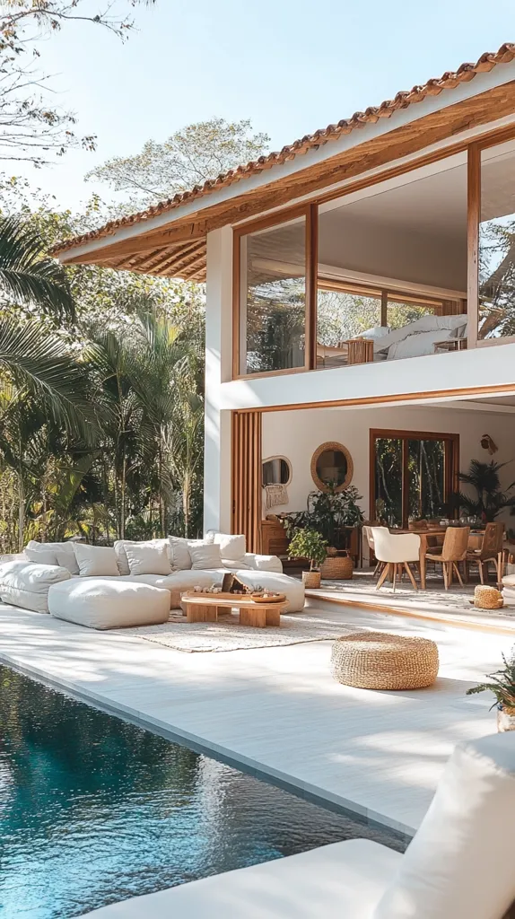 Here's a description of the image:

The image showcases a luxurious, modern villa nestled amidst lush tropical greenery.  The villa features a clean, minimalist design with large glass windows offering expansive views of the surrounding landscape.  A spacious, light-colored living area opens directly onto a pristine infinity pool, seamlessly blending indoor and outdoor spaces.  Comfortable off-white lounge seating is arranged around a low wooden coffee table, while a dining area is visible inside.  The overall aesthetic is serene, emphasizing natural light and materials.  A woven pouf adds a textural element to the expansive patio.