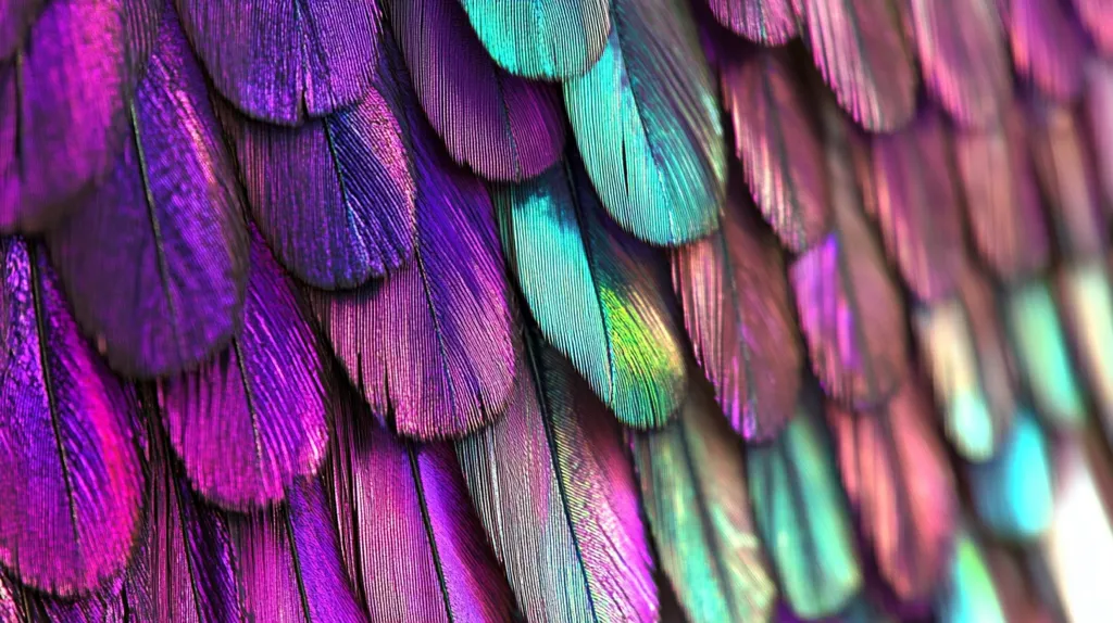 The image shows a close-up view of iridescent feathers, arranged in overlapping rows.  The feathers exhibit a vibrant spectrum of colors, primarily deep purples and pinks, with hints of teal and turquoise creating a shimmering, almost jewel-toned effect.  The texture is smooth yet subtly textured, showcasing the fine barbs of each feather. The overall impression is one of intense color and luxurious texture.