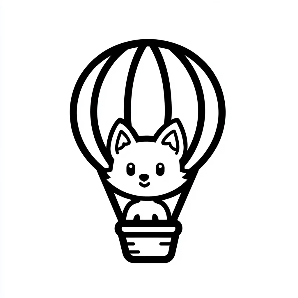 Here's a description of the image:

The image is a simple line drawing of a cute cartoon fox sitting in a hot air balloon's basket.  The fox has large, round eyes, small ears, and a small, happy mouth. The hot air balloon is depicted with evenly spaced vertical lines, suggesting the panels of the balloon.  The entire illustration is in black and white, with bold outlines against a white background.  The style is reminiscent of children's book illustrations or a logo.