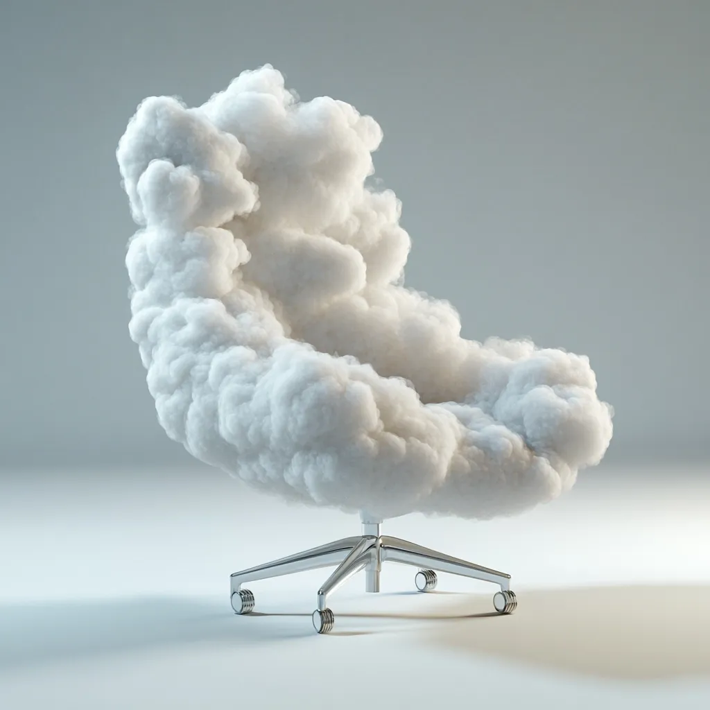 Here's a description of the image:

The image shows a surreal rendering of a comfortable-looking office chair.  Instead of traditional upholstery, the chair is formed from a fluffy, white cloud-like substance. The cloud-chair is mounted on a sleek, modern, silver metal base with five legs and wheels. The overall effect is whimsical and dreamlike, contrasting the softness of the cloud with the starkness of the metallic base. The chair sits on a light gray, minimalist background, emphasizing its unusual form.  The scene is brightly lit, highlighting the texture of the cloud-like material.