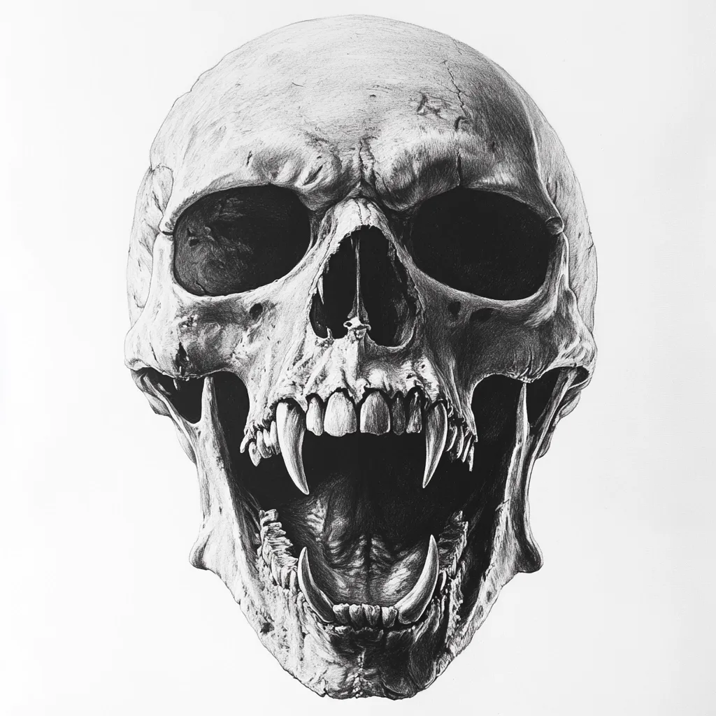 Here's a description of the image:

The image is a detailed, grayscale drawing of a skull. Rendered with meticulous shading and line work, the skull is depicted in a dramatic, almost aggressive pose, with its jaw wide open, revealing prominent, fang-like teeth. The texture of the bone is realistically portrayed, showing subtle variations in surface detail.  The dark eye sockets add to the skull's intense and somewhat ominous expression. The drawing is stark against the plain white background, emphasizing its powerful visual impact.