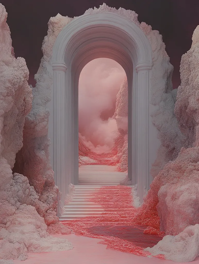 A digital artwork depicts a surreal, dreamlike landscape. A classical-style archway, rendered in pale gray, stands at the center, leading to a staircase that descends into a pink, misty valley.  The stairs are partially covered in a vibrant, coral-colored liquid or substance that flows down into the valley.  The surrounding environment is composed of soft, textured rock formations in shades of pink and white, creating a mystical and otherworldly atmosphere. The overall palette is muted, emphasizing the ethereal quality of the scene.