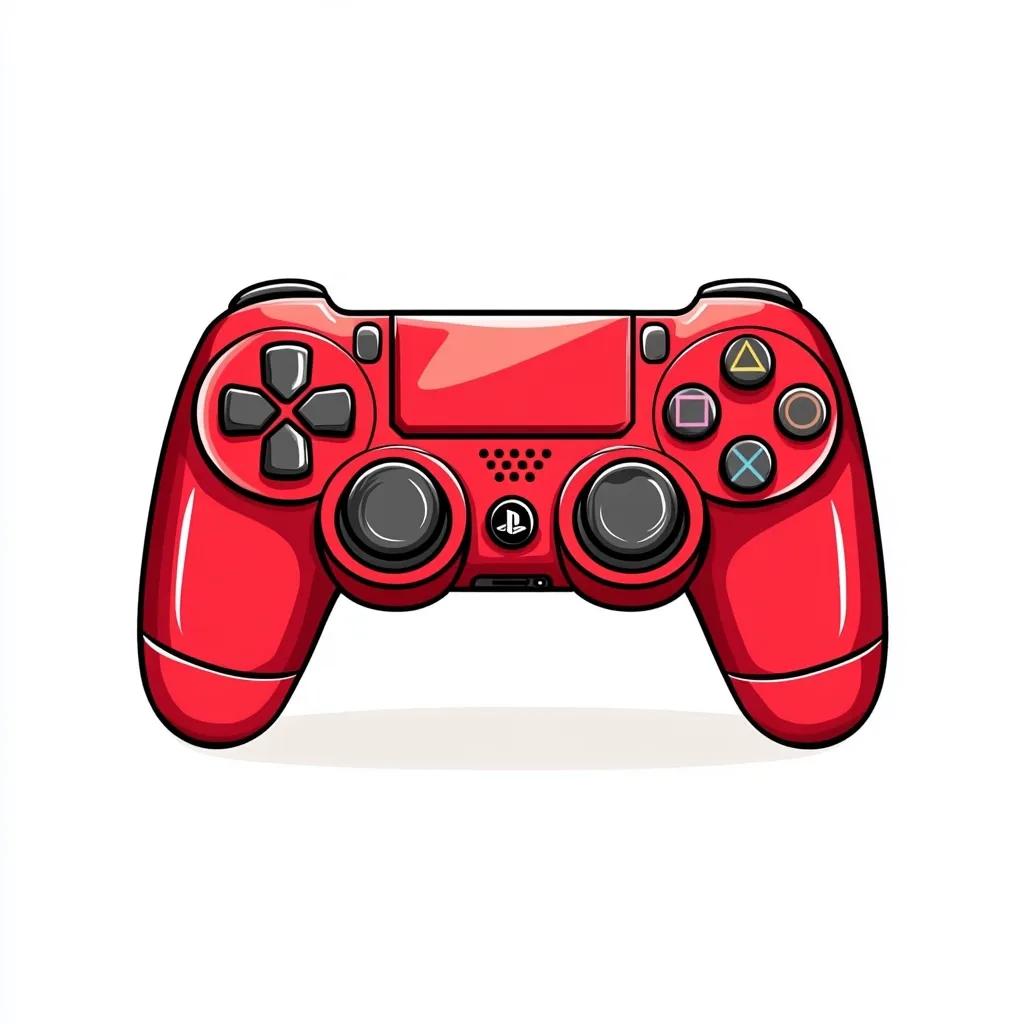 Here's a description of the image:

The image shows a vibrant red illustration of a PlayStation 4 controller, presented against a stark white background.  The controller is depicted in a cartoonish style, with bold outlines and slightly exaggerated features.  All buttons and directional controls are clearly visible, showcasing the characteristic PlayStation button layout.  A subtle shadow beneath the controller adds a sense of depth. The overall style is clean and playful, suggesting a focus on gaming and possibly branding or advertising.