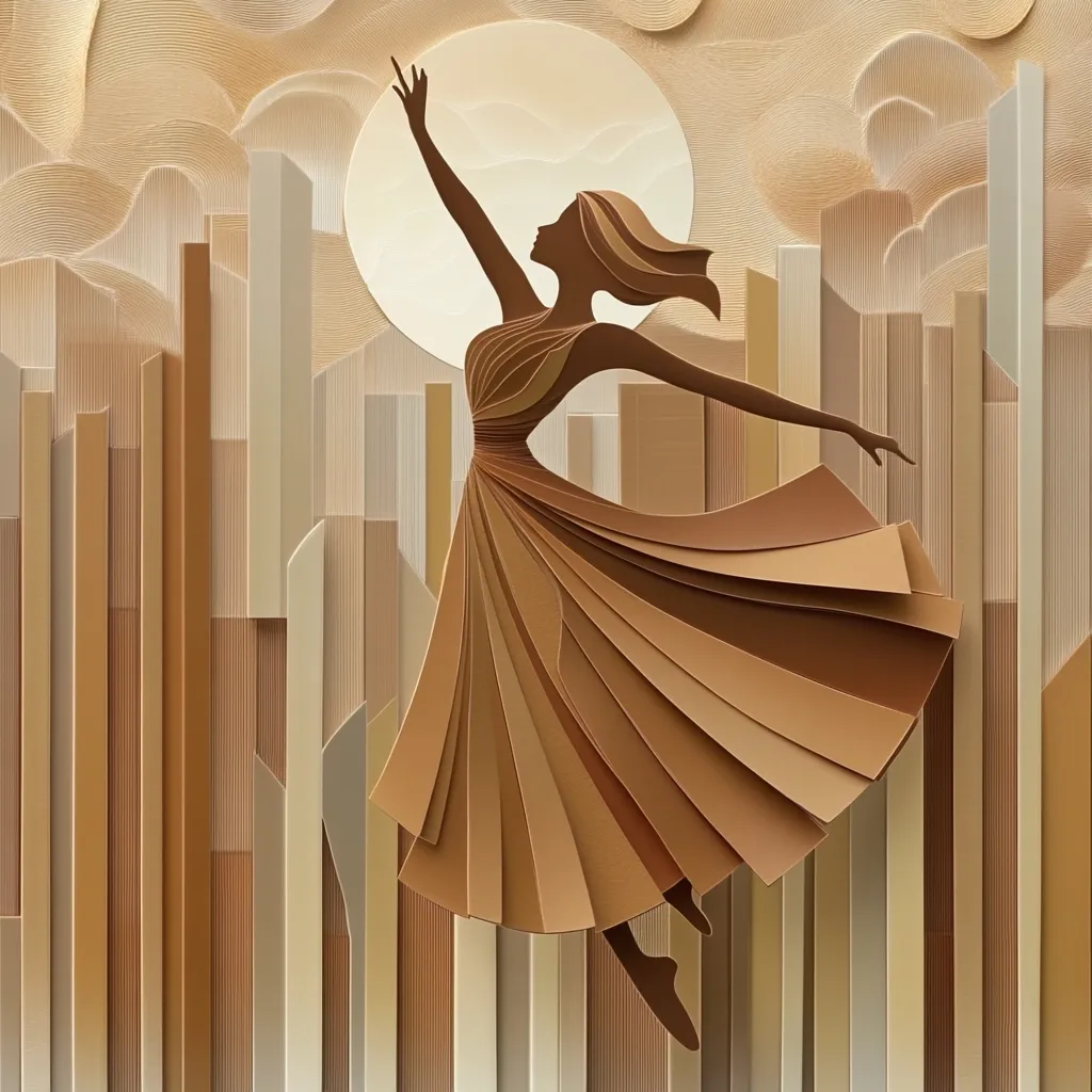This image is an abstract artwork depicting a stylized female figure in a flowing dress, seemingly dancing or floating.  The figure is rendered in layered shades of brown, creating a three-dimensional effect reminiscent of paper sculpture.  The background features an abstract cityscape and a large, pale circle suggesting a moon or sun. The overall style is sophisticated and minimalist, with a focus on form and texture.  The color palette is warm and muted, emphasizing earthy tones.