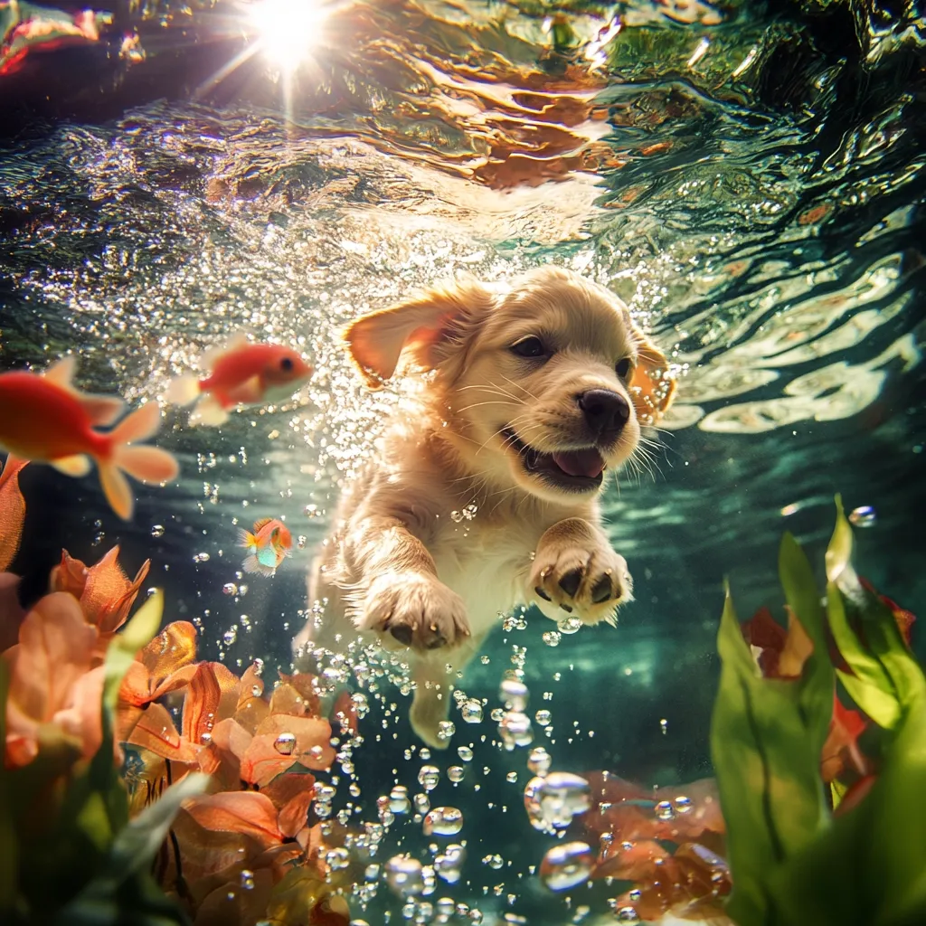 Here's a description of the image:

An underwater shot captures a golden retriever puppy playfully swimming amidst vibrant aquatic plants and goldfish.  Sunlight streams from above, creating a shimmering effect in the water.  The puppy's expression is joyful, its paws extended as it moves through the bubbles.  The scene is surreal and whimsical, a charming contrast between the canine and the underwater environment.  The overall color palette is warm and inviting, with the golden hues of the puppy complementing the orange fish and aquatic flora.