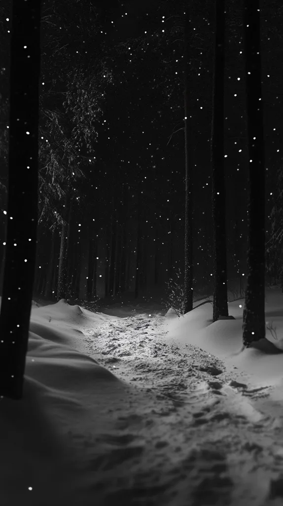 A snow-covered path winds through a dark, snow-laden forest at night.  Tall, slender trees line the path, their branches heavy with snow.  Light snowflakes fall, creating a magical, ethereal atmosphere. The scene is captured in monochrome, emphasizing the contrast between the white snow and the dark, shadowy trees. The path seems inviting, leading deeper into the winter woods.