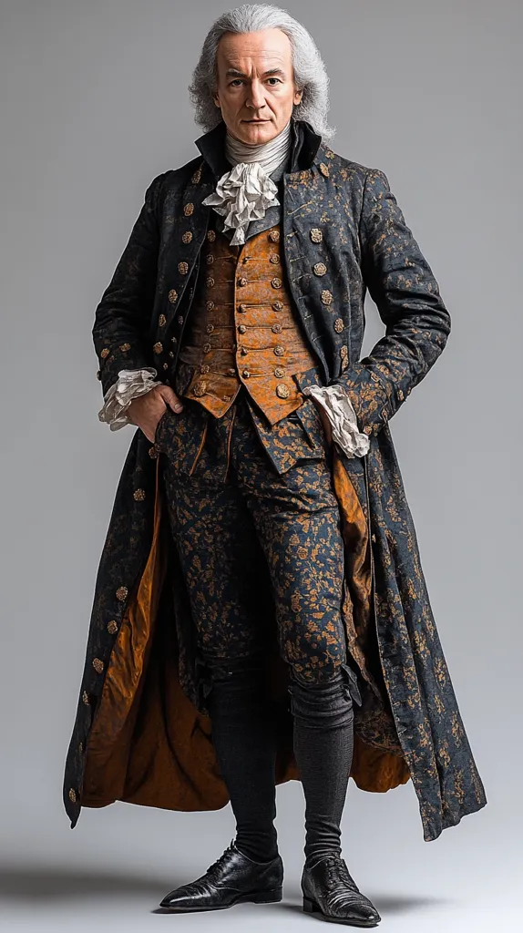 A man with powdered, shoulder-length gray hair stands against a gray backdrop. He's dressed in elaborate 18th-century attire: a long, dark coat with gold detailing, a rust-colored waistcoat, and patterned breeches.  His white cravat and black shoes complete the aristocratic ensemble.  His posture is confident and composed, conveying a sense of authority and elegance. The image’s lighting is soft, highlighting the intricate textures of his clothing.