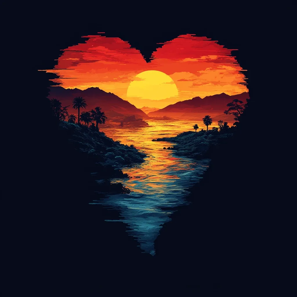 A vibrant sunset over a tranquil river, framed in the shape of a heart, is the focus of this digital artwork.  Silhouetted palm trees dot the banks of the waterway, which winds through a mountainous landscape bathed in warm, fiery hues of orange and red. The sun, a large yellow orb, is partially obscured by the hills, creating a dramatic, romantic scene. The heart shape adds a layer of intentional emotional impact. The style is a blend of digital painting and pixel art, with visible brush strokes and a slightly jagged outline.