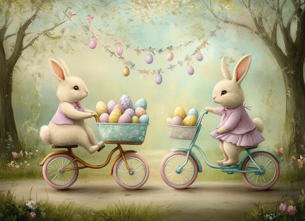 Here's a description of the image:

Two adorable bunnies, dressed in pastel purple vests and dresses, ride pastel-colored bicycles through a whimsical spring setting.  Each bunny carries a basket overflowing with pastel-colored Easter eggs.  A garland of matching eggs decorates the background, adding to the festive atmosphere. The scene is painted in a soft, dreamy style, evoking a feeling of springtime joy and innocence.  Trees and flowers frame the path, completing the charming Easter-themed illustration.