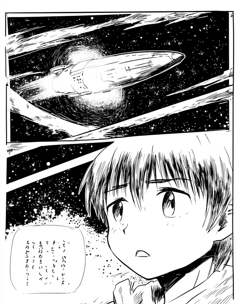 This manga-style illustration depicts a scene in space. A long, slender spaceship streaks across the panel, leaving a bright trail behind it as it moves through a swirling nebula.  Below, a young child with short hair gazes upward, their expression a mixture of wonder and perhaps apprehension.  Japanese text in a speech bubble suggests the child's internal thoughts or dialogue, adding to the narrative. The artwork is in black and white, with shading and linework creating depth and movement.