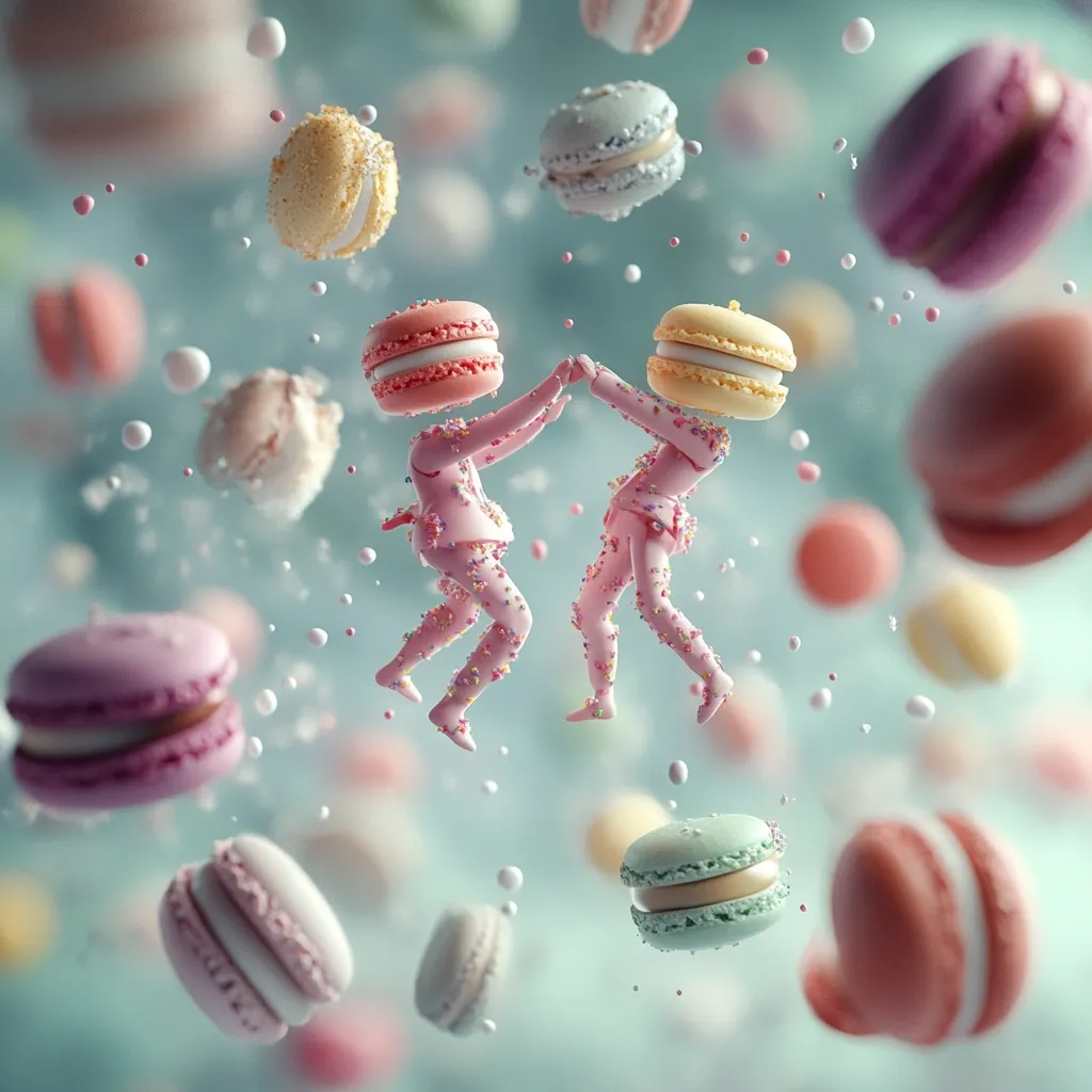 Here's a description of the image:

Two whimsical figures, their heads replaced by pastel macarons, joyfully leap and dance amidst a flurry of falling macarons and pastel-colored bubbles.  The figures are pink, adorned with colorful sprinkles, and appear weightless against a soft, teal background. The overall scene is dreamy, playful, and evokes a feeling of lightheartedness and sweetness. The macarons are various pastel colors, creating a vibrant and delicious-looking visual spectacle.