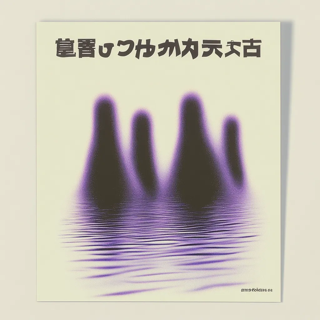 Here's a description of the image:

The image is a poster or print featuring a minimalist design.  The background is a pale, creamy yellow.  The central focus is a stylized depiction of three or four dark purple, almost black, shapes resembling islands or mountains, subtly blurred, reflecting in a similarly colored body of water rendered with fine, horizontal lines suggesting ripples. The Japanese text at the top likely represents the title or artist's name.  The overall mood is serene yet slightly mysterious, with a muted, dreamlike quality. A small, barely visible signature or artist mark is present in the lower right corner.