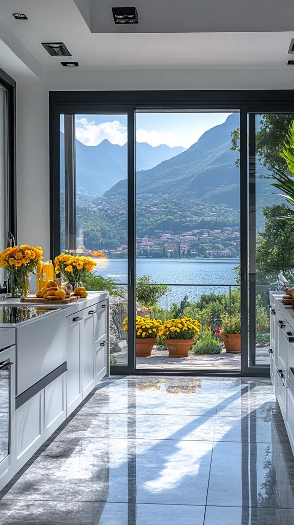 A modern kitchen boasts sleek white cabinetry and a stunning view. Large sliding glass doors reveal a tranquil lake, nestled amidst picturesque mountains.  Sunlight streams through the glass, illuminating the polished grey floor. Yellow flowers in vases and pots add pops of color, complementing the serene landscape visible beyond the kitchen.  The overall aesthetic is one of minimalist luxury and breathtaking natural beauty.