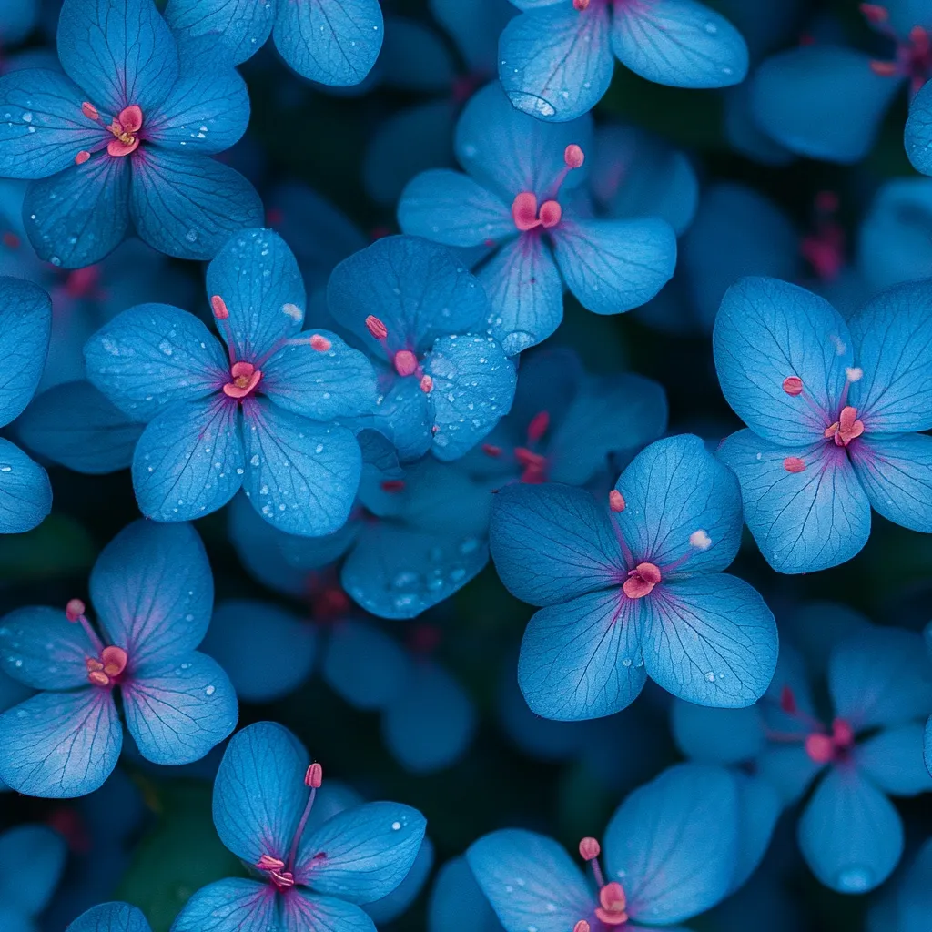 Here's a description of the image:

The image is a close-up shot of a cluster of vibrant blue flowers.  Each flower has five delicate petals, a lighter-colored center with a hint of pink, and is speckled with tiny water droplets, suggesting recent rain or dew. The flowers are densely packed together, creating a visually stunning, almost seamless texture of blue. The background is dark, allowing the blue of the blossoms to stand out dramatically.  The overall effect is one of serene beauty and natural vibrancy.