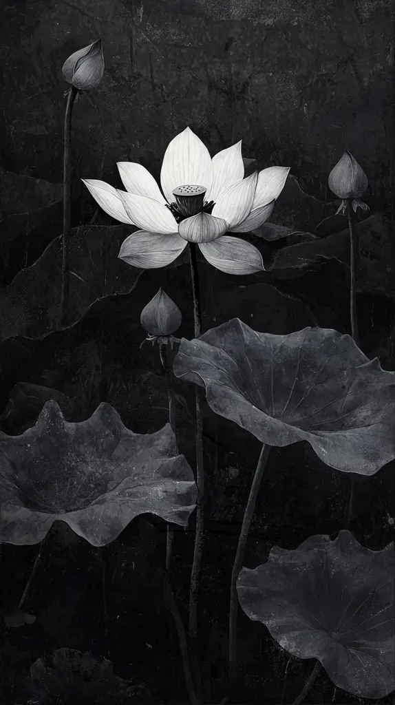 Here's a description of the image:

The monochromatic image showcases a single, fully bloomed lotus flower in striking contrast against a dark, textured background.  The flower's delicate petals are sharply defined, its center clearly visible.  Surrounding the central bloom are several unopened lotus buds and large, textured leaves, all rendered in shades of gray that create a sense of depth and drama. The overall effect is one of serene beauty and quiet contemplation, evocative of classic Eastern art. The background's dark, almost grunge-like texture enhances the image's somber yet elegant atmosphere.