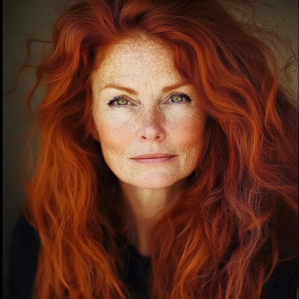 Close-up portrait of a middle-aged woman with vibrant, long, wavy ginger hair.  Her face is naturally beautiful, showcasing freckles and the lines of age that add character.  Her green eyes are striking, and her expression is one of calm confidence. The image focuses on her natural beauty and the rich texture of her hair.  The background is blurred, drawing attention solely to the subject.