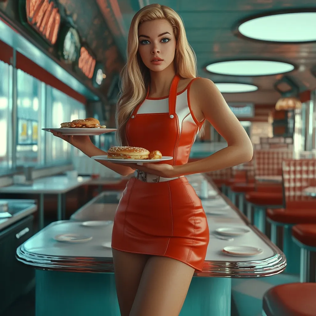 A digitally rendered image depicts a blonde woman in a red leather diner outfit.  She stands at a retro-style counter, holding two plates of burgers. The setting is a classic American diner, with turquoise counters, chrome accents, and red-and-white checkered booths. The woman's pose is confident and suggestive, her gaze directly at the viewer. The overall style evokes a nostalgic, pin-up aesthetic.