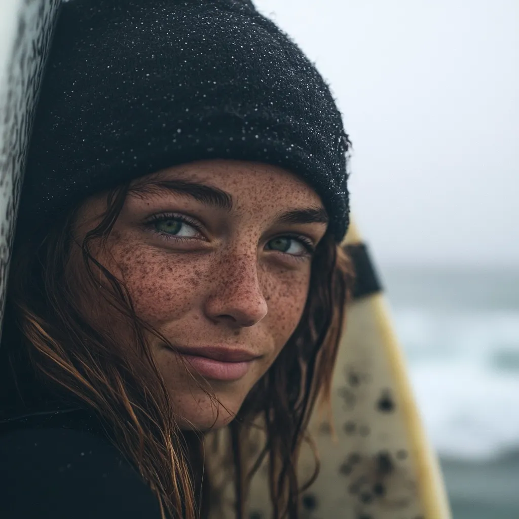 Here's a description of the image:

Close-up portrait of a young woman with a scattering of freckles across her nose and cheeks.  She's wearing a dark, wet beanie and her wet, auburn hair frames her face. Her green eyes are captivating, and she has a soft, subtle smile. She appears to be leaning against a surfboard, partially visible in the background, suggesting an outdoor setting, possibly near the ocean. The overall mood is one of relaxed beauty and natural charm.  The background is blurred, drawing focus to the woman's face.