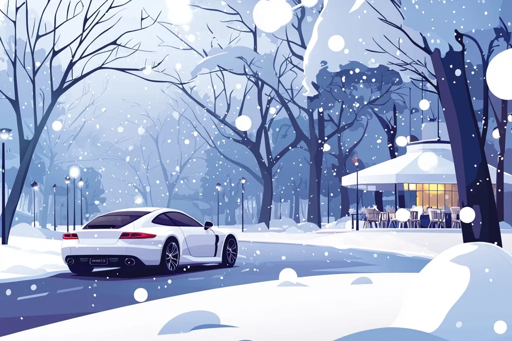 A white sports car drives along a snow-covered road, past a charming snow-dusted gazebo restaurant.  Bare, snow-laden trees line the street in a winter wonderland scene.  Snow gently falls, creating a peaceful, atmospheric setting. The illustration is stylized, with a focus on clean lines and a muted color palette, emphasizing the tranquility of the winter landscape.  The restaurant glows warmly, providing a contrast to the cold exterior.
