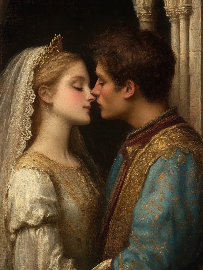 A romantic oil painting depicts a young couple sharing a tender kiss. The woman, adorned in a white gown and gold-embroidered bodice, wears a delicate veil and a golden crown.  Her companion, in a richly detailed teal and gold robe, leans in close.  The dark background and warm lighting accentuate the intimacy of the moment, suggestive of a medieval or Renaissance setting, possibly a wedding scene. The artist's focus is on the delicate details of their faces and clothing, creating a sense of warmth and affection.