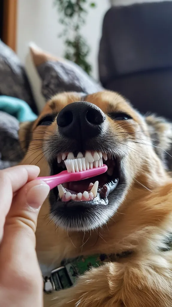 A fluffy, light brown dog lies on its back, patiently undergoing a teeth brushing.  Its mouth is open wide, revealing clean teeth as a pink toothbrush gently cleans them. The dog seems relaxed and comfortable, perhaps enjoying the attention. A hand holds the toothbrush, carefully guiding it across the dog's teeth. The background is blurred, showing a home environment with a sofa and plant.  The overall mood is one of gentle care and affection.