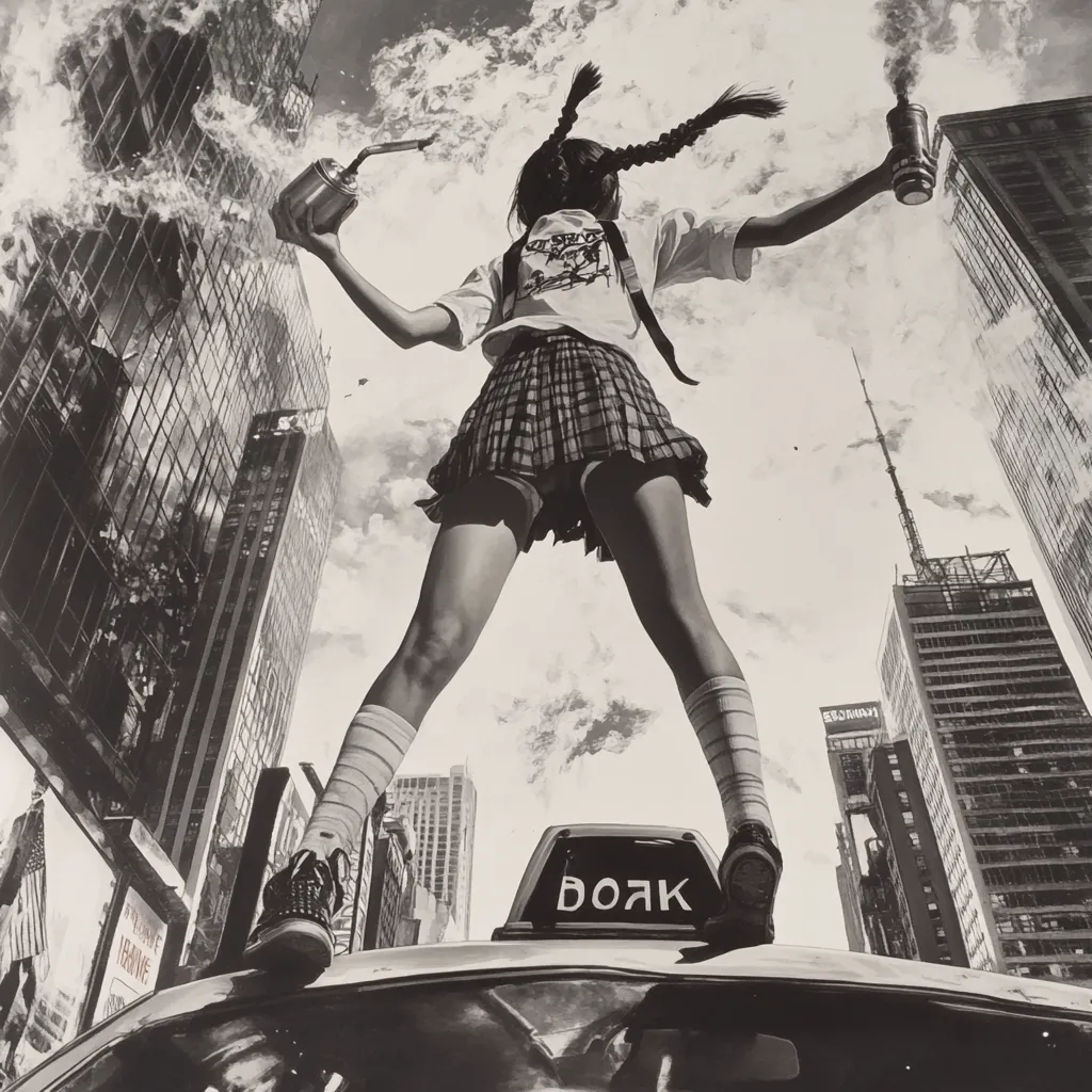 A monochromatic image showcases a young woman, her pigtails elegantly styled, standing victoriously atop a taxi cab in a bustling cityscape.  She holds aloft two spray cans, one seemingly ablaze, against a backdrop of towering skyscrapers.  The scene suggests a rebellious, possibly artistic, spirit amidst urban chaos.  The perspective is dramatically low, emphasizing the woman's dominance over her surroundings.  The overall mood is one of dynamic energy and defiance.