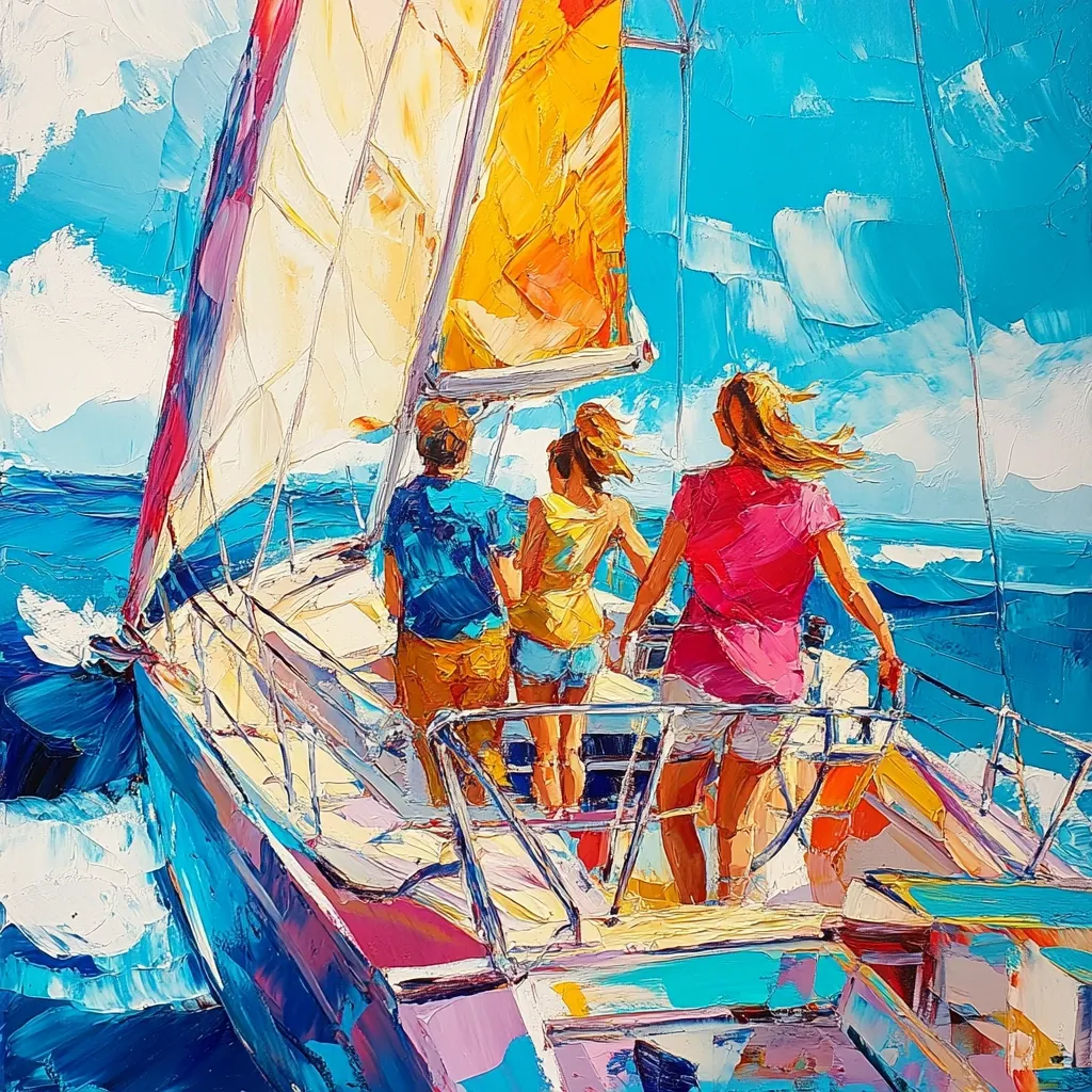 Here's a description of the image:

A vibrant, impasto-style painting depicts three individuals aboard a sailboat navigating a dynamic sea. The boat's sail is billowing, suggesting a brisk wind. The figures, a boy, a girl, and a woman, stand at the stern, their backs to the viewer, enjoying the journey. The artist's use of bold colors and expressive brushstrokes conveys a sense of movement and freedom, with the ocean rendered in powerful blues and greens.  The overall mood is one of adventurous joy and exhilaration.