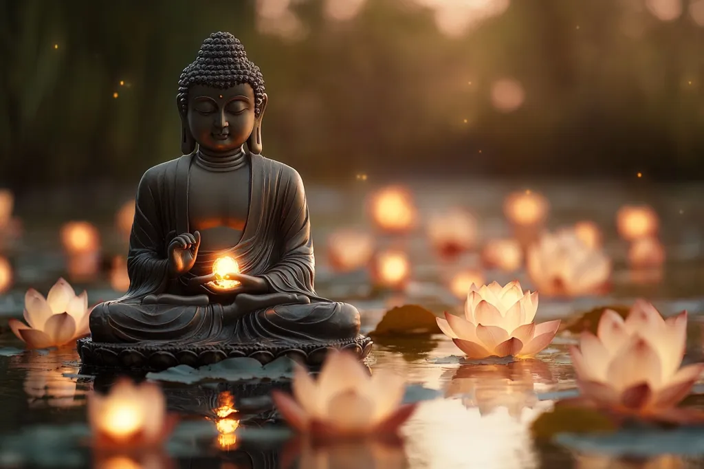 Here's a description of the image:

A serene image depicts a dark bronze Buddha statue seated in the lotus position, holding a glowing orb in its hands.  The statue is situated in a calm body of water, surrounded by numerous illuminated lotus blossoms floating on the surface.  The soft, warm light of the setting sun or dawn creates a peaceful and spiritual ambiance. The background is blurred, focusing attention on the Buddha and the glowing lotuses, suggesting tranquility and inner peace. The overall impression is one of serenity and contemplation.