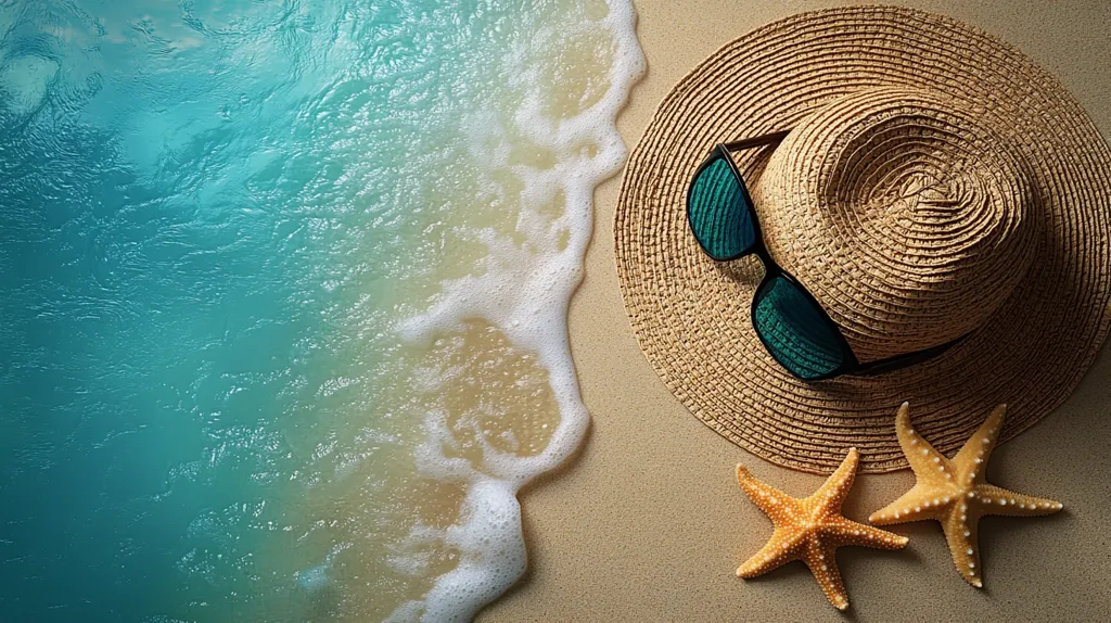 Here's a description of the image:

A tranquil beach scene is depicted, showcasing a gentle wave washing ashore on light-brown sand.  A straw sun hat rests on the sand, with a pair of teal-framed sunglasses lying on top. Two starfish are positioned near the hat. The overall color palette is calming and evokes a sense of summer relaxation and vacation. The image is well-lit and has a slightly stylized, almost painterly quality.
