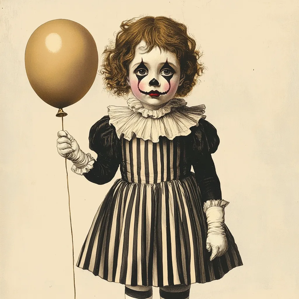 A young girl, with curly brown hair, is depicted in a vintage style illustration. She's dressed in a black and white striped dress with a ruffled collar, and white gloves.  Her face is painted like a clown, with exaggerated features in black and red.  She holds a pale gold balloon on a string, creating a juxtaposition of innocence and unsettling imagery. The overall aesthetic is melancholic and slightly eerie.