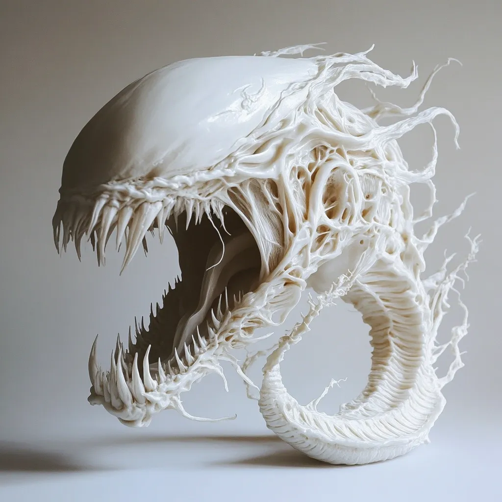 Here's a description of the image:

The image shows a meticulously crafted, off-white sculpture resembling a creature's head.  The form is bio-organic, with a textured surface suggesting flesh or bone, featuring sharp teeth and a gaping maw.  Intricate, flowing tendrils extend from the main body, adding to its alien and somewhat monstrous appearance. The sculpture is presented against a neutral, light gray background, highlighting its detailed surface and form. The overall style is surreal and slightly unsettling, suggesting a creature from science fiction or fantasy.