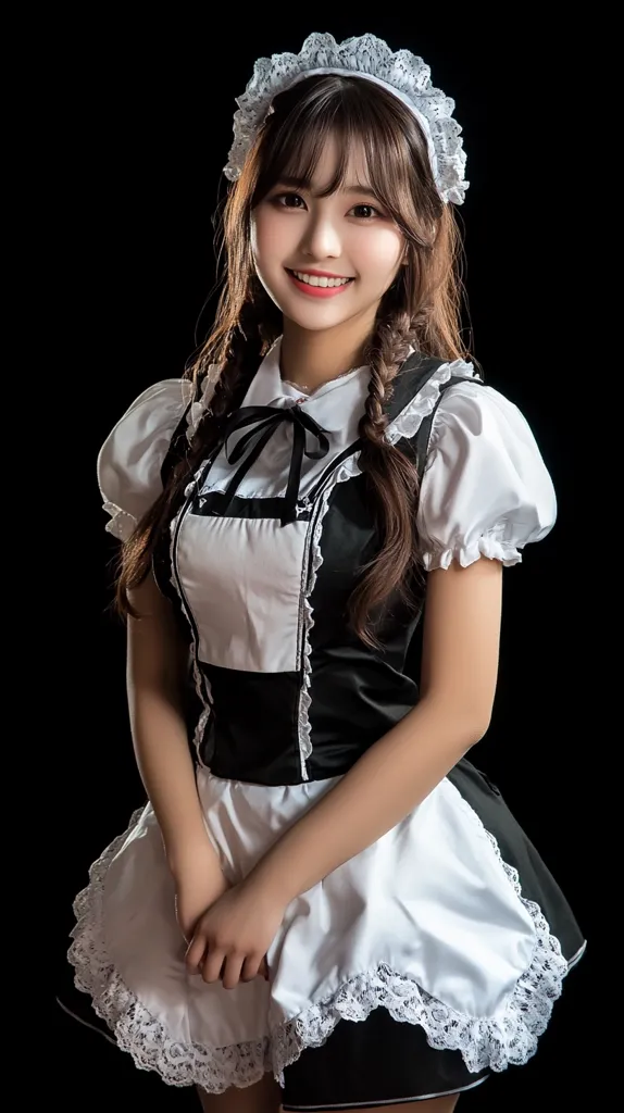 A young woman with long brown hair styled in pigtails, smiles sweetly at the camera. She's dressed in a black and white maid costume, complete with a lacy white apron and a matching headband.  The costume is styled in a classic, slightly gothic fashion. The background is plain black, focusing attention on the subject. Her expression is cheerful and approachable.