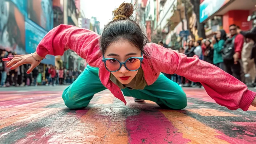 A young woman with red-pink jacket and teal pants kneels on a colorful street, her body low to the ground. She wears round, orange-tinted glasses and her dark hair is in a bun. Her expression is intense and focused as she seems to be performing, possibly street art or dance, in front of a blurred background of city street and onlookers. The vibrant colors of her clothes contrast with the painted street, creating a dynamic and energetic image.