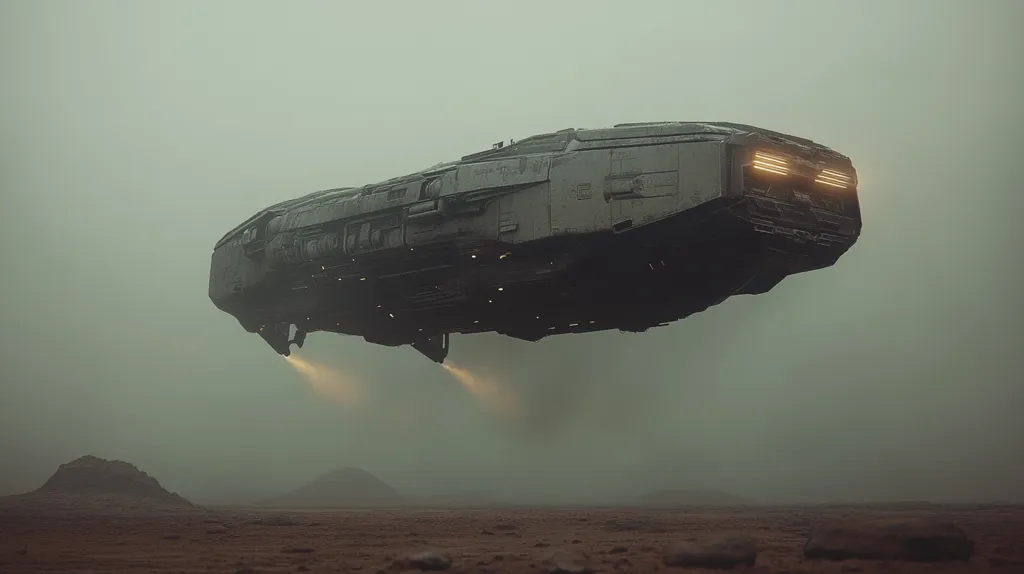 A large, dark grey spaceship hovers low over a desolate, reddish-brown landscape shrouded in a thick, misty fog.  The ship's design is futuristic and imposing, with subtle lighting illuminating its underside.  The atmosphere is eerie and silent, suggesting isolation and perhaps a sense of foreboding.  Small, rocky hills dot the barren ground beneath the craft, adding to the lonely, otherworldly setting. The overall scene evokes a mood of mystery and exploration.