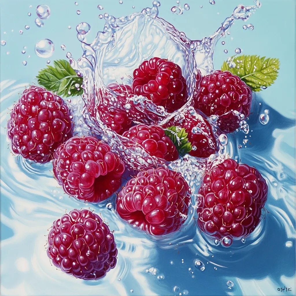Here's a description of the image:

A vibrant, close-up painting depicts a cluster of ripe raspberries splashing into a pool of water.  The raspberries, intensely red and detailed, are partially submerged, with water droplets clinging to their surfaces.  A dramatic water splash surrounds them, creating a sense of movement and freshness. The background is a soft, light blue, providing a contrast to the deep red of the fruit. The painting's style is hyperrealistic, showcasing impressive detail and texture.  Green leaves peek out from between the berries adding to the lively composition.