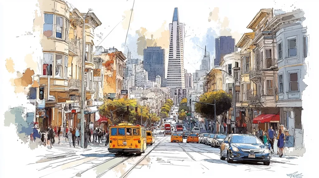 This watercolor-style illustration depicts a bustling San Francisco street scene.  A yellow cable car travels downhill, past pedestrians and cars.  Victorian-era buildings line the street, their colorful facades contrasting with the modern Transamerica Pyramid rising in the background.  The artwork captures a lively atmosphere, with a mix of architectural styles and everyday city life.  The artist's loose brushstrokes create a dynamic and impressionistic effect.