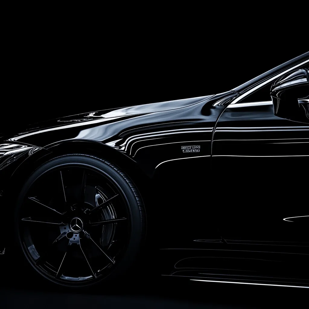 Here's a description of the image:

The image showcases a close-up, side profile view of a sleek, black Mercedes-AMG car against a stark black background.  The car's glossy paint reflects light, creating dramatic highlights and shadows that emphasize its curves and aerodynamic design. The focus is on the front wheel and door, with the Mercedes-AMG emblem subtly visible. The overall effect is one of luxury, power, and sophistication. The dark setting and lighting create a mysterious and high-end aesthetic.