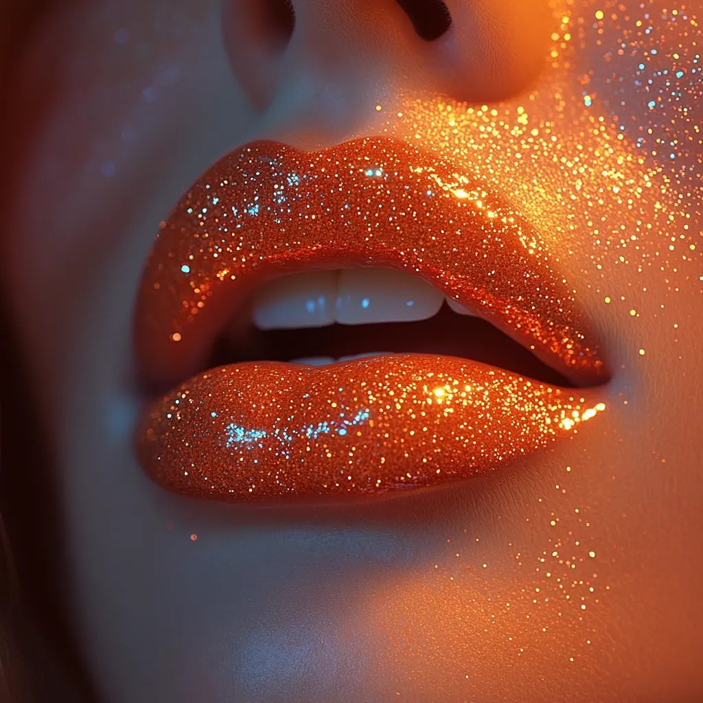 Close-up view of a woman's lips adorned with shimmering, copper-toned glitter lipstick. The glitter is also subtly dusted across her face, creating a glamorous, possibly festive look. The lighting enhances the sparkle, and the focus is sharply on the lips, highlighting their texture and the glossy finish of the lipstick. The overall impression is one of beauty and bold makeup artistry.