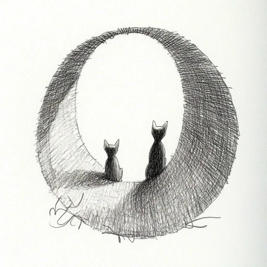 Here is a description of the image:

A pencil sketch depicts two stylized cats sitting on a crescent moon-shaped form.  The cats are simply rendered, facing away from the viewer, their bodies dark against the lighter shading of the crescent.  The crescent itself is textured with dense, hatched pencil strokes, giving it a three-dimensional feel. The background is a plain white, drawing focus to the central image of the contemplative felines and their unusual perch. The overall style is minimalist and slightly melancholic.