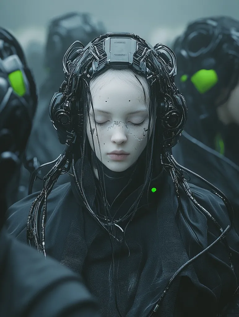 Here's a description of the image:

The image depicts a young woman with pale skin and dark hair, adorned in a complex, dark, almost futuristic headpiece and outfit.  Numerous wires and cables extend from the headpiece, cascading down her shoulders and torso. Her eyes are closed, giving an impression of serenity or perhaps detachment. The background shows blurry figures similarly attired, suggesting a collective or uniform group. The overall aesthetic is dark, moody, and technologically advanced, evoking a cyberpunk or dystopian future setting. The color palette is primarily composed of muted grays and blacks, with a few hints of green.